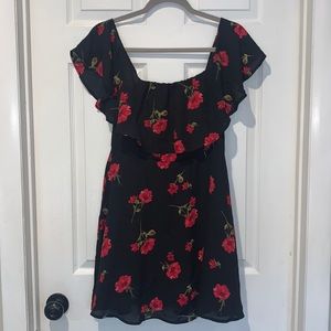 Black mini dress with rose pattern print